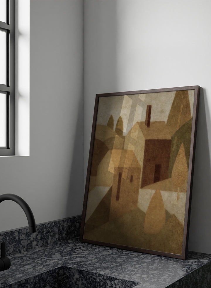 An abstract cubist-style landscape painting featuring geometric houses, trees, and hills in muted beige, brown, tan, and olive tones. Shop Cottage by Dan Hobday, a contemporary landscape painting art print featuring abstract village cottages, tall trees, layered hills, and warm earthy tones.