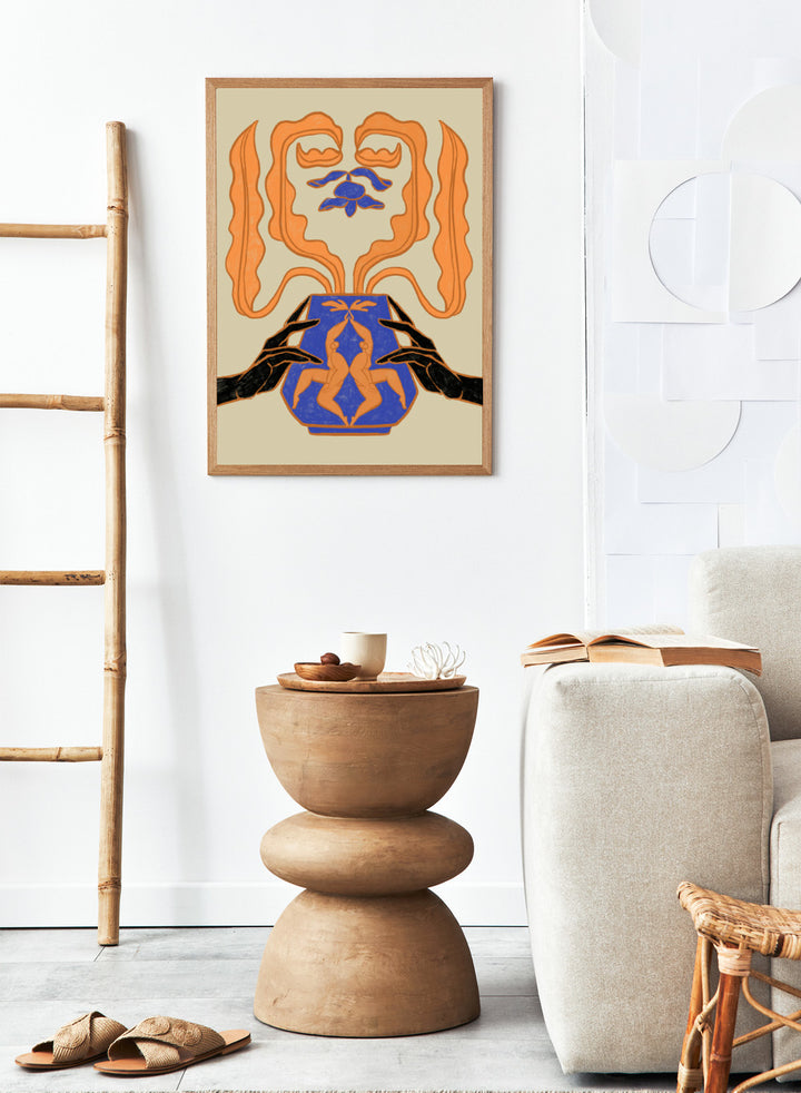 Decorative design with hands holding a vase featuring abstract floral patterns on a beige background. Vessel Collection: New Beginnings by Arty Guava art print, modern vase wall poster with mirrored figures, contemporary blue orange minimalist illustration.