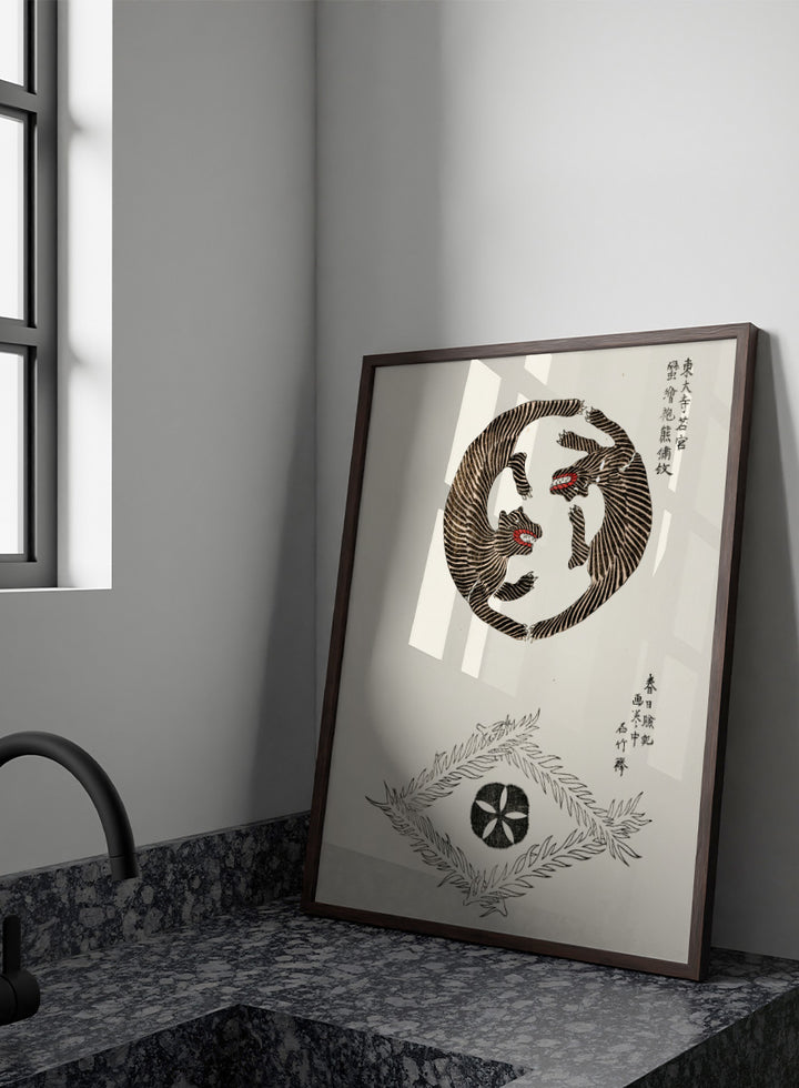 Tigers Yatsuo no Tsubaki by Taguchi Tomoki is a vintage Japanese art print featuring striped tigers, floral motifs, and traditional woodblock illustration.