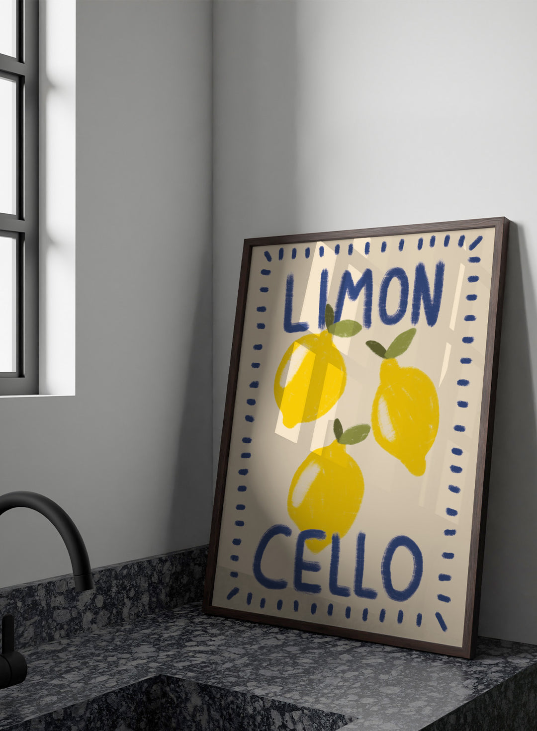 An art print featuring three yellow lemons with green leaves on a cream background, framed by a blue dotted border. The words &