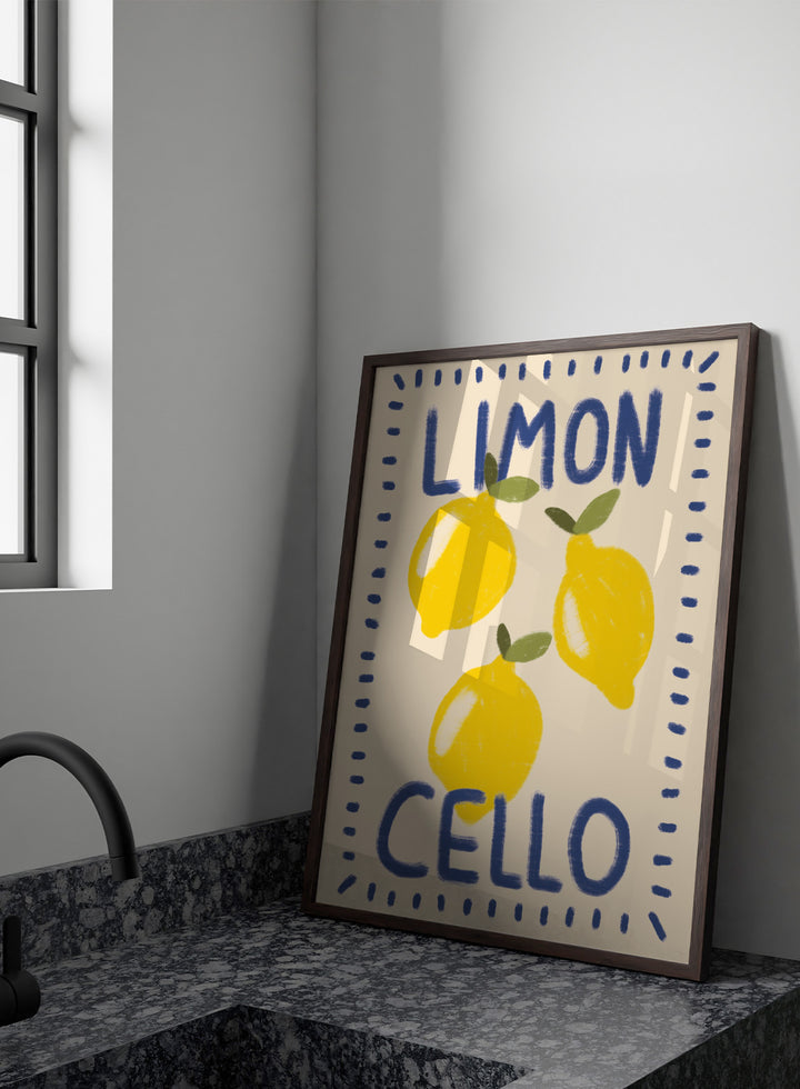 An art print featuring three yellow lemons with green leaves on a cream background, framed by a blue dotted border. The words &