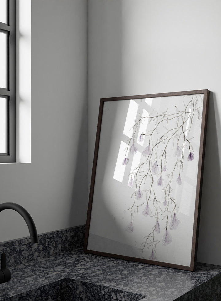 A framed watercolor art print depicting delicate, thin branches with small hanging lavender-purple bell-shaped flowers on a white background. Shop Delicate Lavender Cascade by Ankie Kooi, a floral wall art print poster with hanging lavender flowers, botanical branches, and soft watercolor detail.