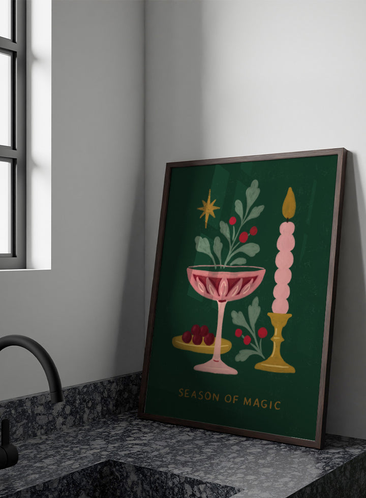 Shop Season of Magic by Katarzyna Gąsiorowska, a festive Christmas wall art print poster featuring a pink candle, berries, greenery, and holiday decor.