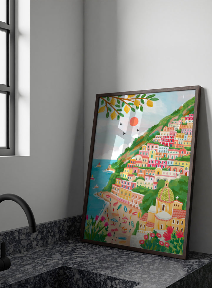 A colorful illustration of a coastal hillside town with tiered pastel buildings, a beach, blue sea, green foliage, and a church dome. Shop Vibrant Seaside Town by Nidhi Kachhadiya, a colorful coastal wall art print inspired by an Italian cliffside village, beach views, and bright Mediterranean color.