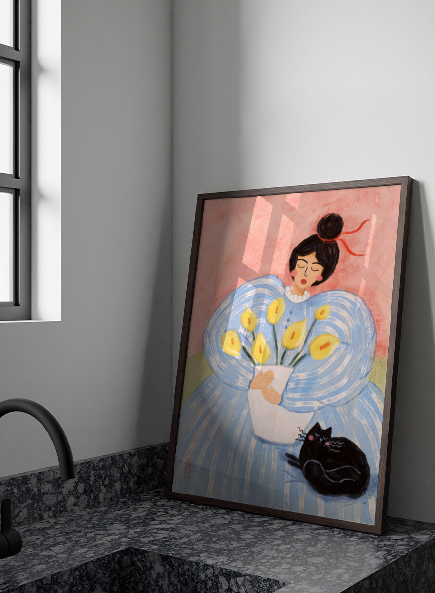 A stylized painting of a woman in a voluminous light blue dress holding a white vase with yellow flowers, with a black cat at her side against a pink background. Woman With Flowers And Cat by Dirkie Nell is a colorful portrait and floral art print featuring a woman, yellow flowers, blue dress, and black cat.