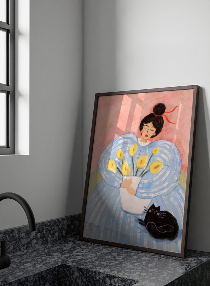 A stylized painting of a woman in a voluminous light blue dress holding a white vase with yellow flowers, with a black cat at her side against a pink background. Woman With Flowers And Cat by Dirkie Nell is a colorful portrait and floral art print featuring a woman, yellow flowers, blue dress, and black cat.