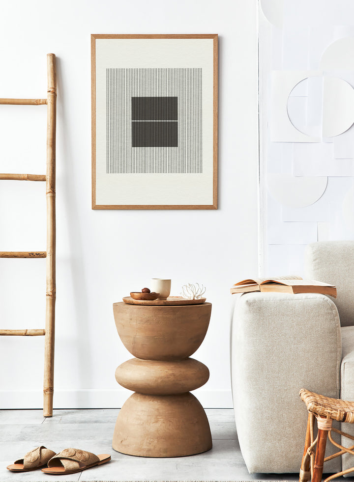 Black and white geometric design with lines and squares on a plain background. Line Harmony by The MIUUS Studio is a fine art print and wall poster featuring abstract linework, geometric balance, and minimalist black and white design.