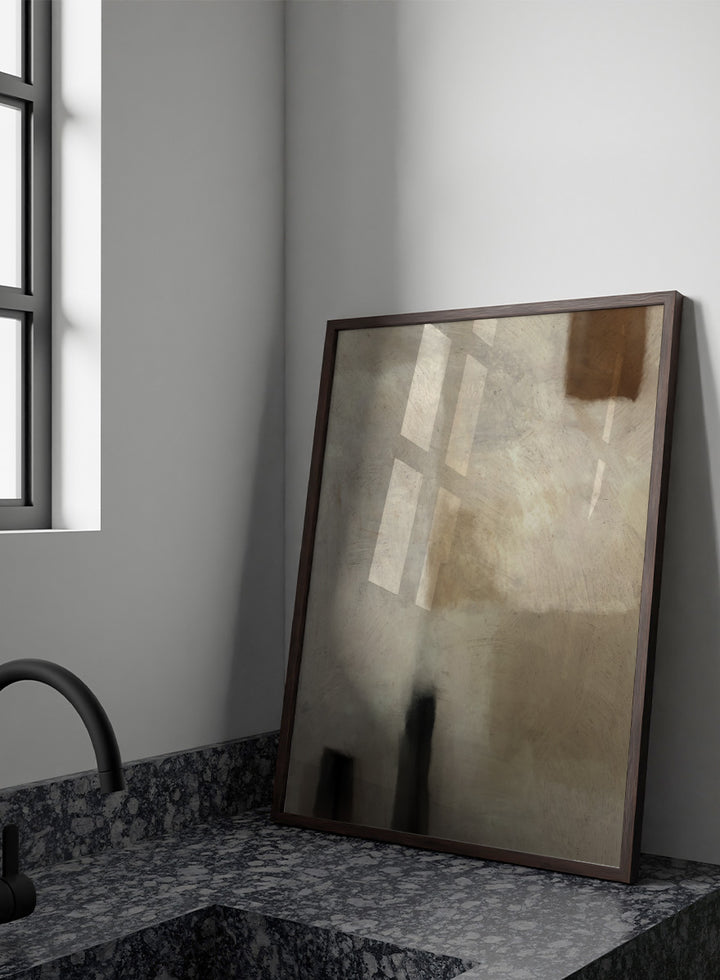 An abstract painting featuring textured blocks of warm beige, cream, and brown, with dark charcoal-like vertical shapes near the bottom and a small brown block in the upper right corner. Shop Brumea by Dan Hobday, a neutral abstract art print featuring soft layered forms, brushed texture, muted earthy tones, and a modern minimalist feel.