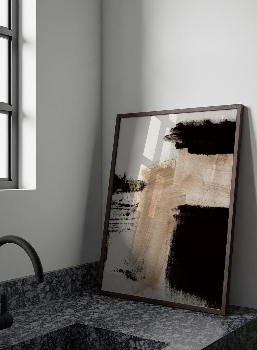 Shop Path by Dan Hobday, a contemporary abstract art print featuring bold black forms, warm beige brushwork, layered texture, and expressive neutral tones.