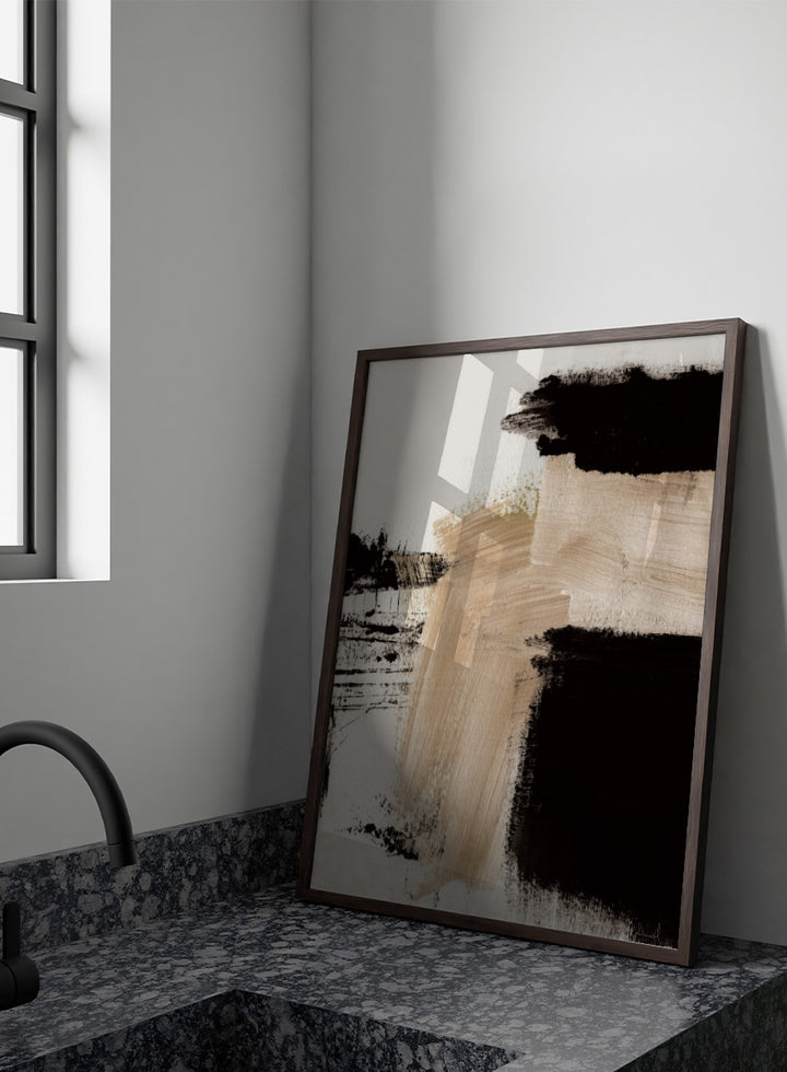 Shop Path by Dan Hobday, a contemporary abstract art print featuring bold black forms, warm beige brushwork, layered texture, and expressive neutral tones.