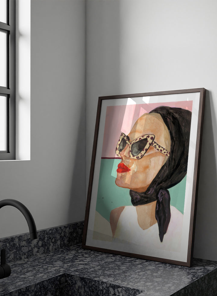 Shop Chic Scarf Sunglasses by Sophia Novosel, a modern female portrait wall art print poster featuring cat-eye sunglasses, red lips, and a black scarf.