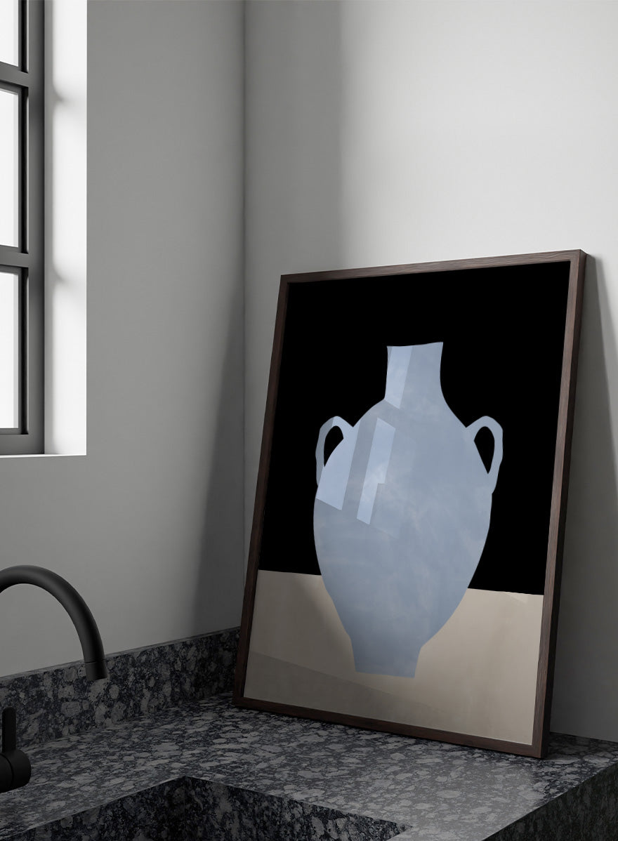 Shop Blue Minimalist Vase by Elena Ristova, a modern still life wall art print poster featuring a pale blue amphora against black and cream blocks.