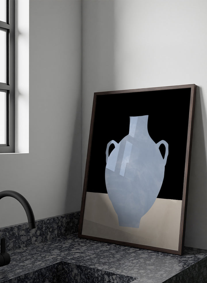 Shop Blue Minimalist Vase by Elena Ristova, a modern still life wall art print poster featuring a pale blue amphora against black and cream blocks.