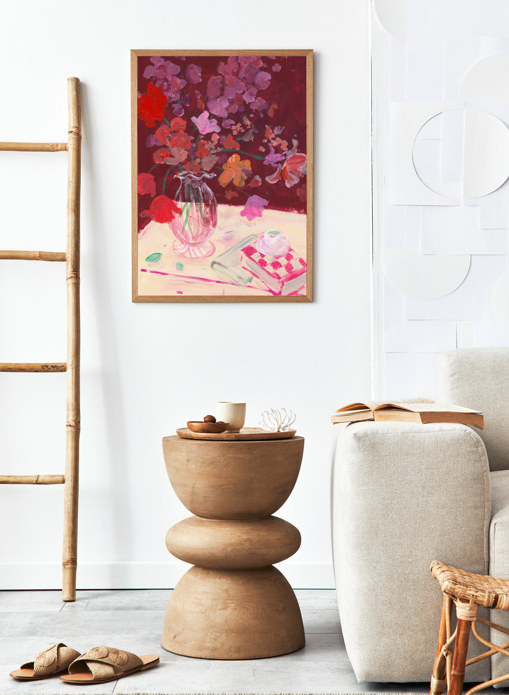 Colorful still life painting with flowers and a teacup on a table. Fall Bouquet by Katharina Puritscher art print featuring expressive floral still life, glass vase, coffee cup, book, and brushstrokes. Officially licensed wall poster.