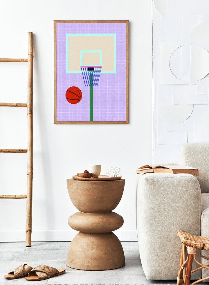 Basketball and hoop on a grid background. New York Basketball by Rosi Feist is a modern minimalist sports art print with bold graphic color and Bauhaus-inspired design. Officially licensed fine art poster with framing.