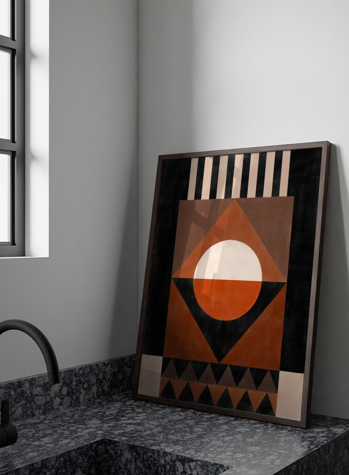 Shop Geometric Earth Tones by Elena Ristova, a modern abstract wall art print poster with bold geometric shapes in orange, cream, brown, and black.
