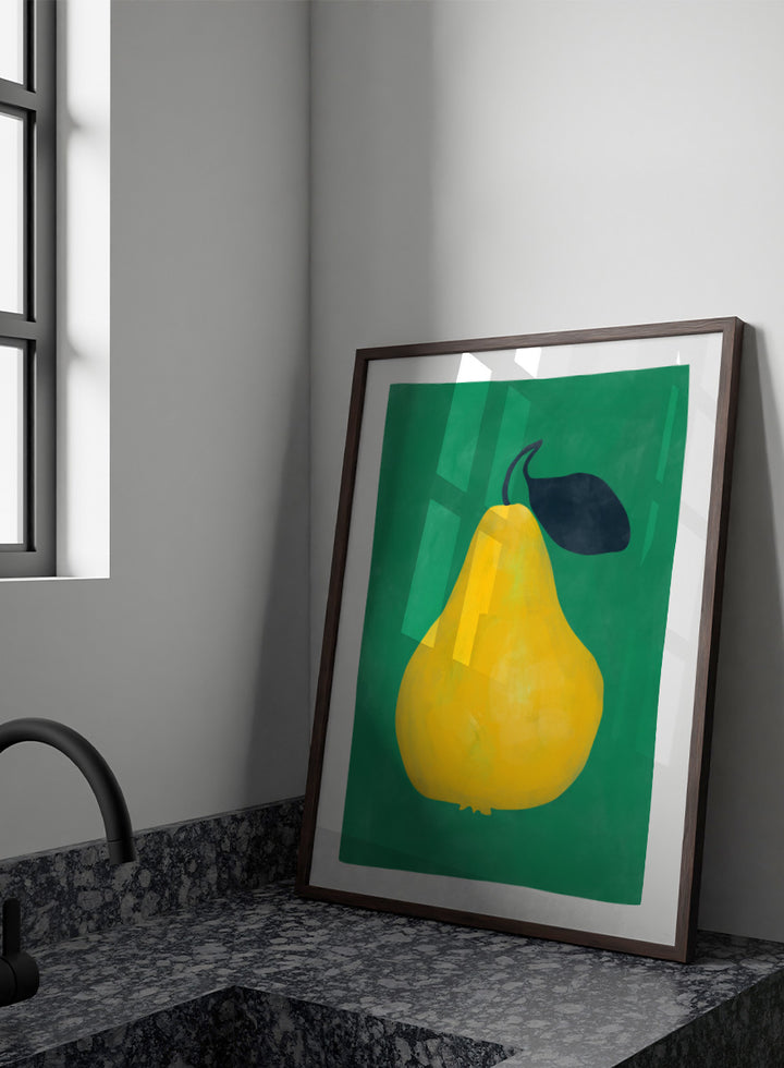 Shop Vibrant Yellow Pear by Elena Ristova, a colorful fruit wall art print poster featuring an oversized yellow pear, dark leaf, and rich green background.