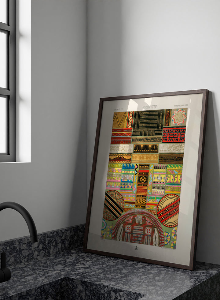 Primitive Pattern by Albert Racinet vintage art print featuring colorful geometric, floral and decorative motifs from the 1888 edition of L’Ornement Polychrome.