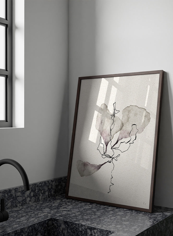 Shop Delicate Botanical Study by Ankie Kooi, a modern botanical wall art print poster with minimalist flower line art, abstract florals, soft taupe, and dusty lavender.