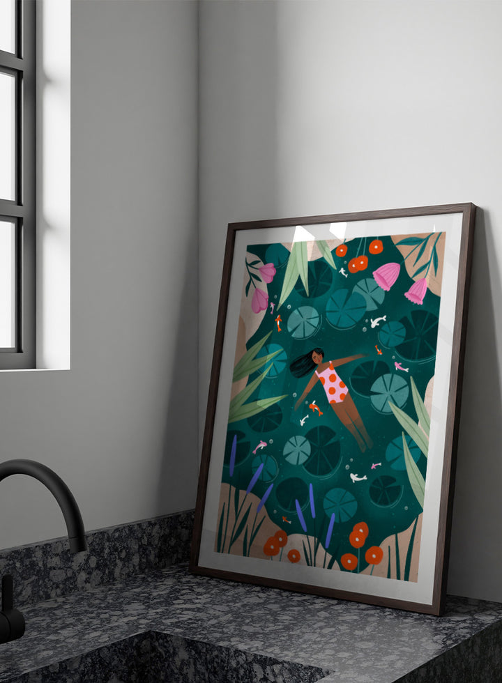 Shop Woman Floating Lily Pond by Bea Müller, a figurative wall art print poster featuring a woman floating among lily pads, flowers, and colorful fish in deep green water.