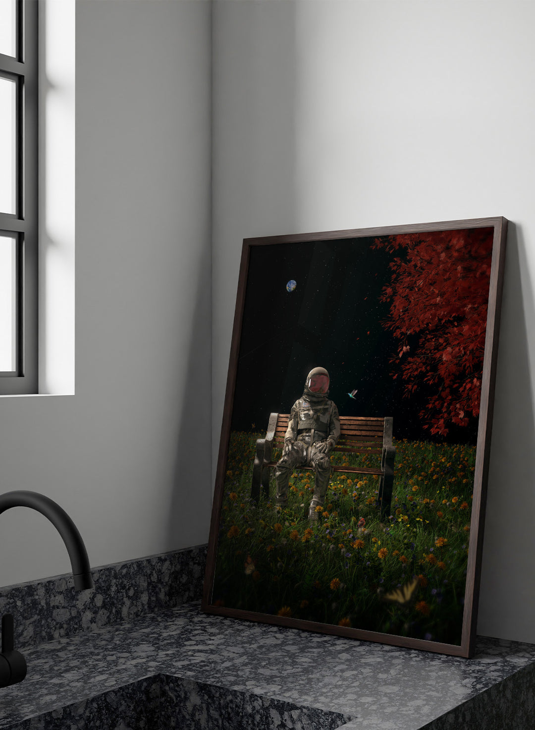 Person in astronaut suit sitting on a bench in a garden with flowers and trees at night. Astronaut Space Garden by Nicebleed is a surreal space art print featuring an astronaut on a bench in a floral field under stars, modern aesthetic wall poster.