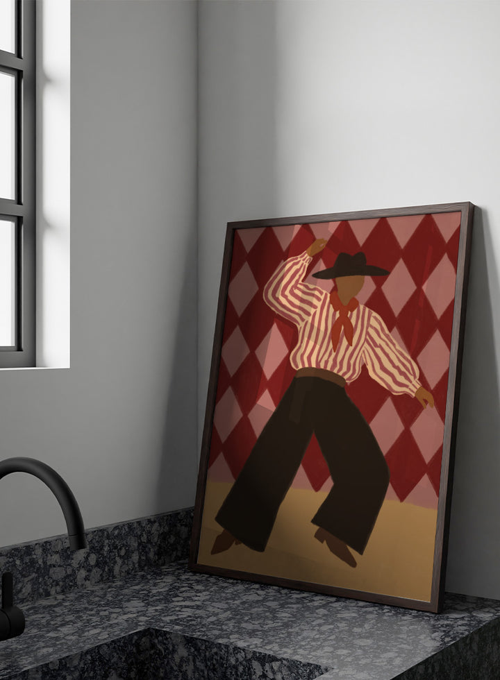 A stylized illustration of a person in a cowboy hat, striped shirt, and dark pants dancing against a red and pink diamond-patterned background. Retro Dance Character by The Art Concept art print with a dancing figure, striped shirt, red scarf, harlequin background, and retro color palette.