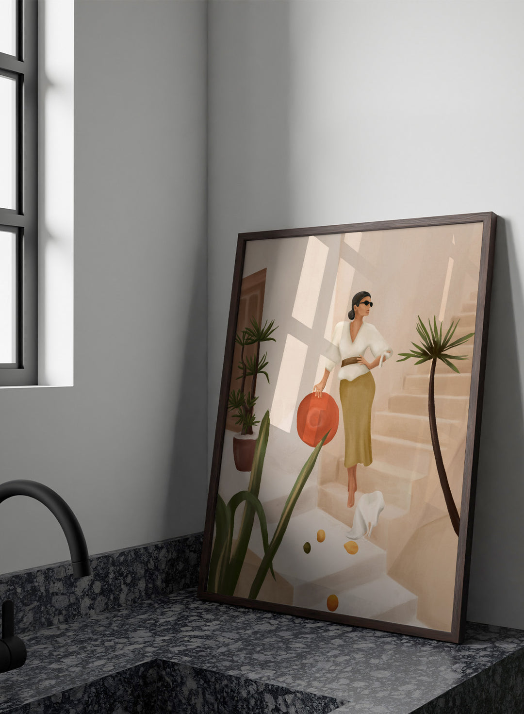Woman descending stairs holding a red bag, surrounded by plants and fruit on a light background. Chic Woman Warm Steps by City Art features a woman surrounded by tropical plants and warm Mediterranean interiors, bringing organic living and natural style into the home.