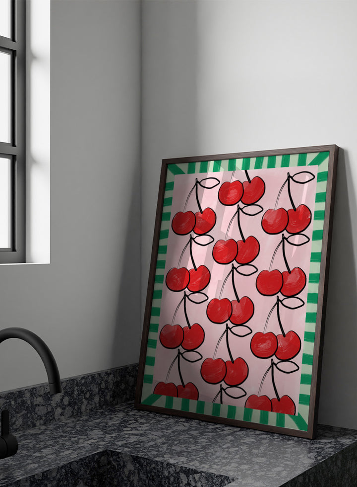 Shop Sweet Cherry Pattern by Elena Ristova, a cherry wall art print poster in red, pink, and green with a playful patterned fruit design.