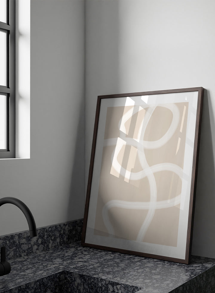 Shop Soft Abstract Flow by Elena Ristova, a neutral abstract wall art print poster featuring looping white brushstrokes on a warm beige background.