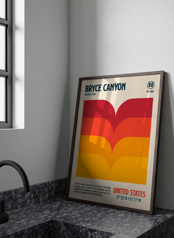 A retro-style poster for Bryce Canyon National Park with a cream background, a large abstract canyon landscape graphic in red, orange, and yellow, and text reading &