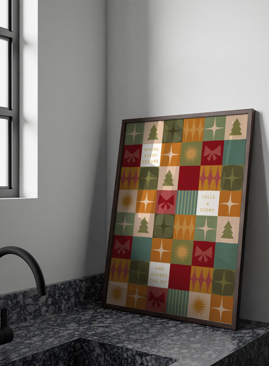Shop Retro Christmas Squares by Dominique Vari, a festive wall art print poster featuring retro trees, bows, stars, geometric shapes, and vintage holiday colors.