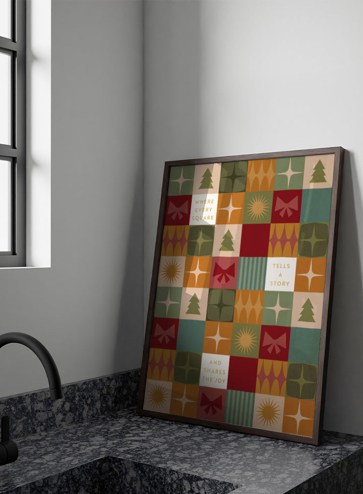 Shop Retro Christmas Squares by Dominique Vari, a festive wall art print poster featuring retro trees, bows, stars, geometric shapes, and vintage holiday colors.