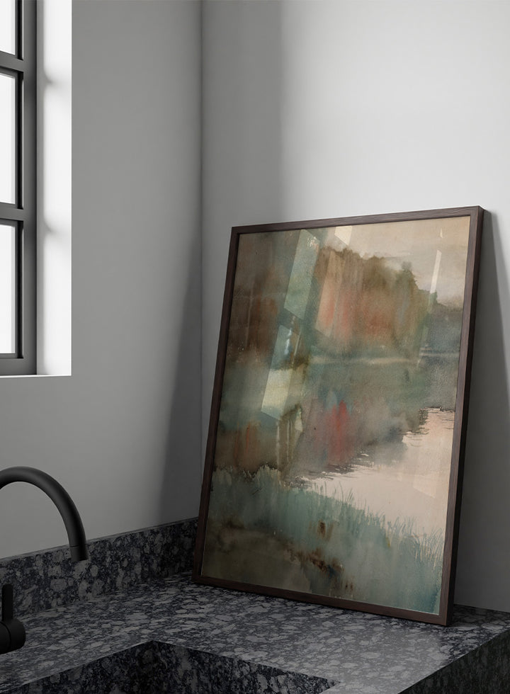 Shop Seashore at Haikko in Autumn by Albert Edelfelt, a vintage Finnish landscape wall art print poster featuring a misty autumn shoreline in green tones.