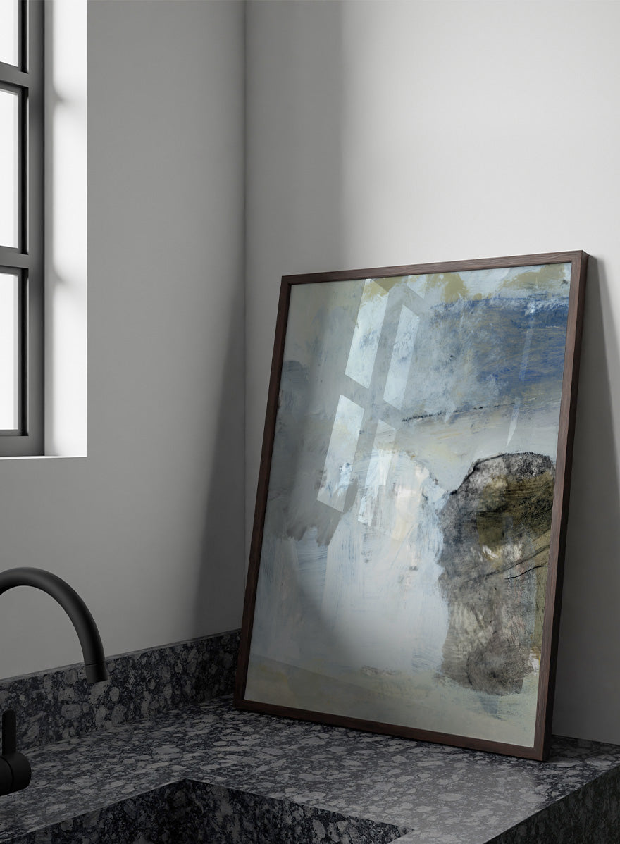 Shop Blue by Dan Hobday, a contemporary abstract art print in soft blue, white, and gray with layered texture and a clean, modern look.