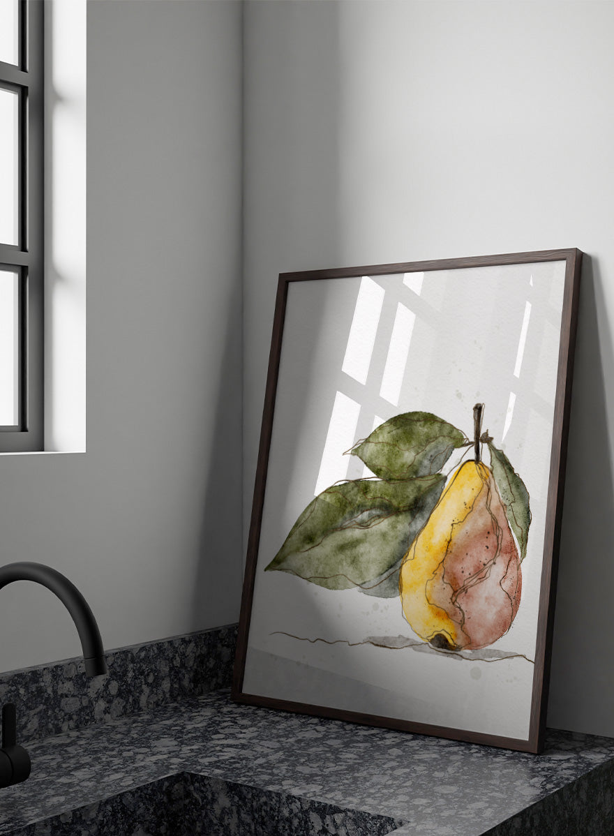 Watercolor painting of a pear with green leaves on a white background. Shop Earthy Pear Watercolor by Ankie Kooi, a botanical fruit wall art print poster featuring watercolor pear art, kitchen decor, green leaves, yellow, and pink.