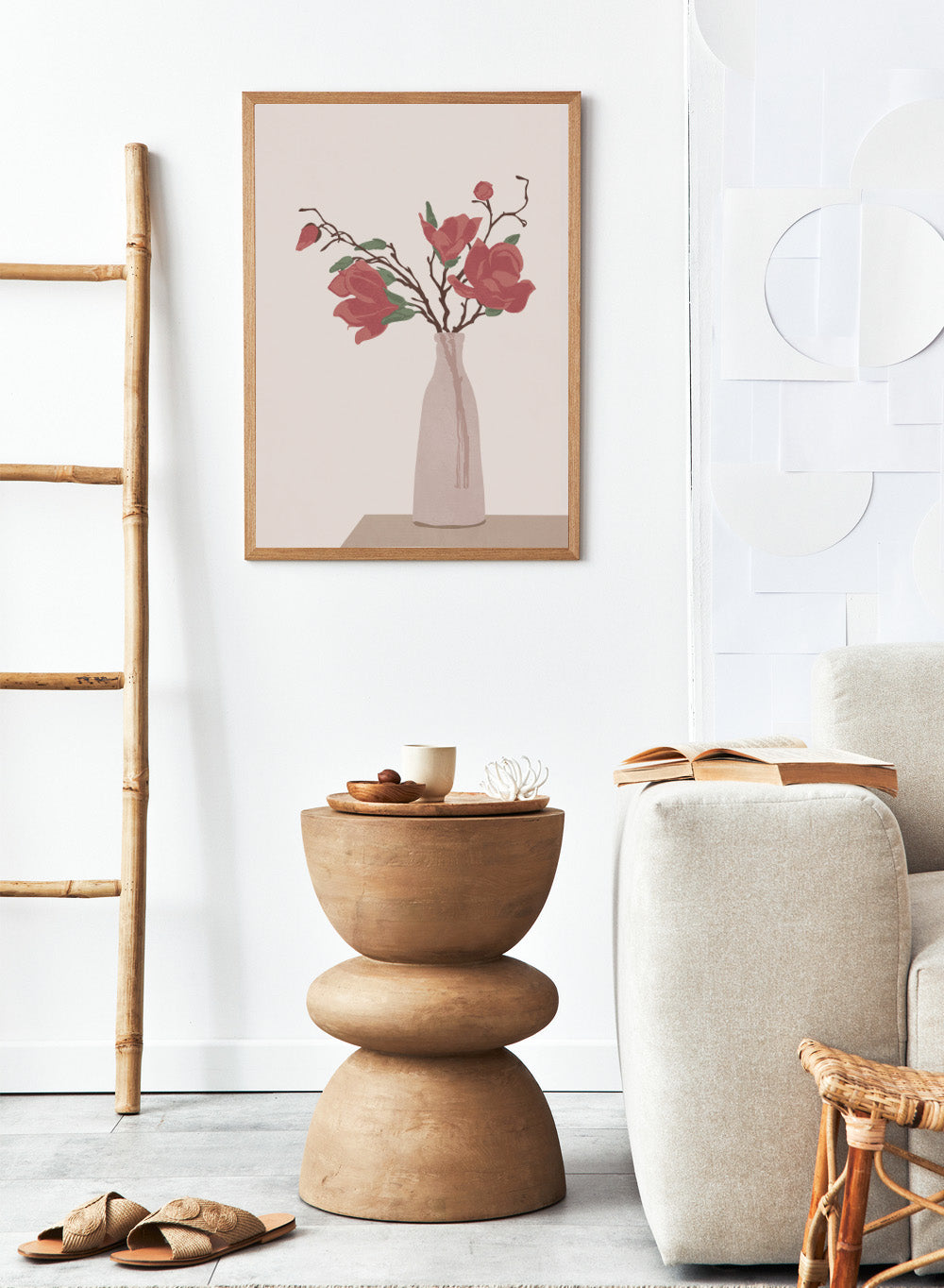 Vase with red flowers on a beige background. Vase by Flow Line is a modern still life art print featuring soft pink flowers in a ceramic vase. A warm, minimal wall poster from the It’s All Love collection.