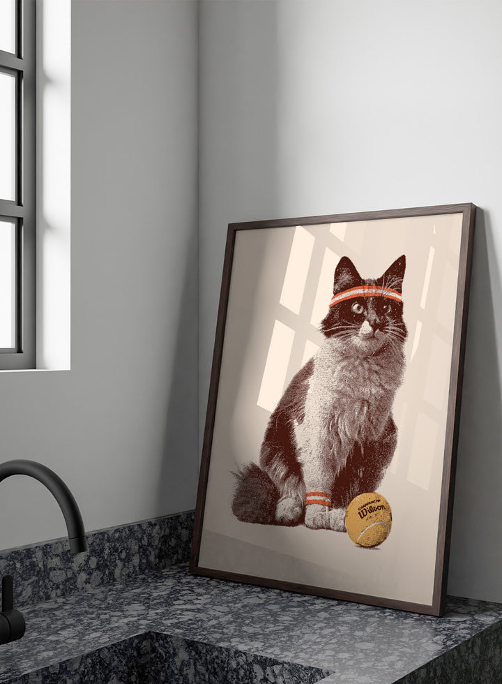 Cat wearing a striped bandana with a tennis ball on a beige background. Retro Tennis Cat by Florent Bodart is a playful cat art print with vintage tennis style, a modern wall poster with retro texture, humor, and character.