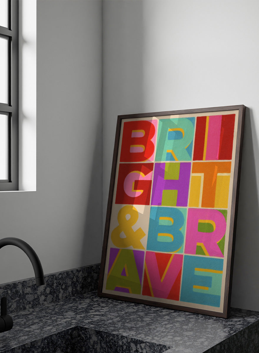 Shop Bright and Brave Letters by Dominique Vari, a colorful typography wall art print poster featuring bold retro lettering in pink, red, blue, green, and yellow.