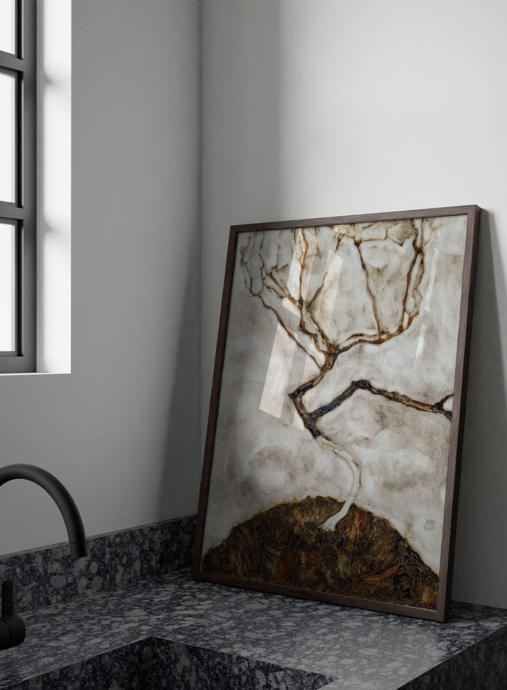 Shop Small Tree in Late Autumn by Egon Schiele, a vintage Expressionist wall art print poster featuring a bare autumn tree in soft cream tones.