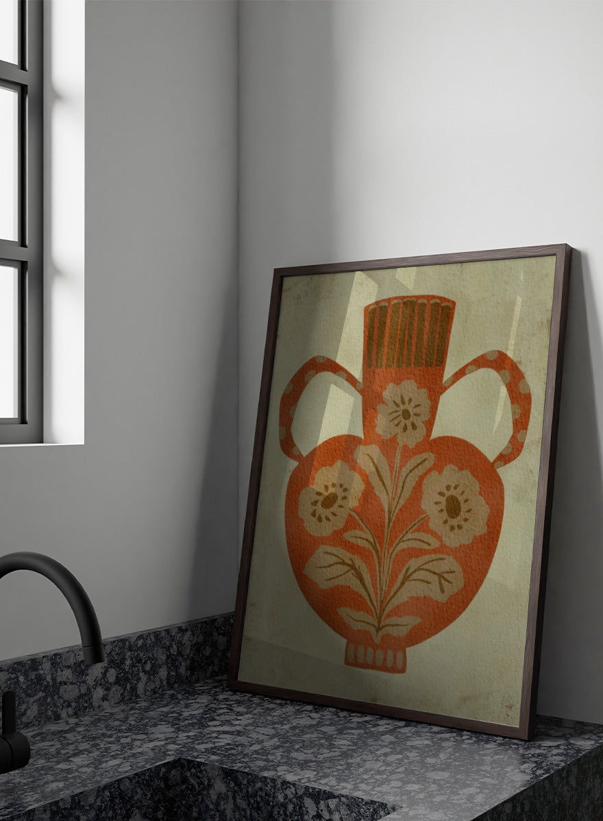 Shop Rustic Floral Vase by Nikita Jariwala, a botanical wall art print featuring a terracotta vase, folk-inspired flowers, and warm rust, tan, and cream tones.