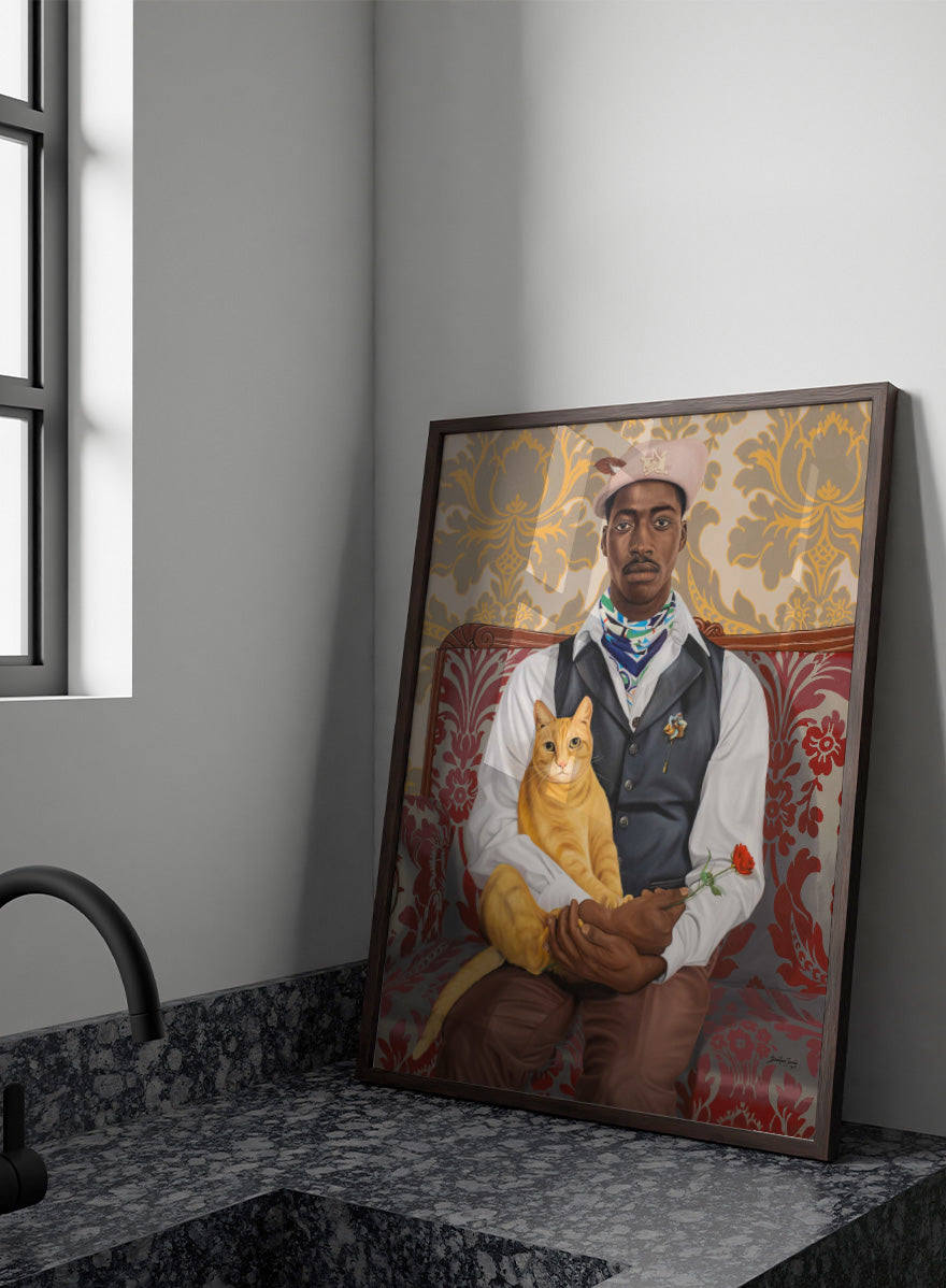 A portrait-style artwork of a Black man seated on a red patterned sofa, holding a yellow-orange cat and a red rose. The background features ornate gold and beige damask wallpaper. Shop Dapper Man Orange Cat Red Rose by Damilare Jamiu, a contemporary portrait wall art print featuring a stylish man, orange cat, red rose, and rich vintage-inspired pattern.