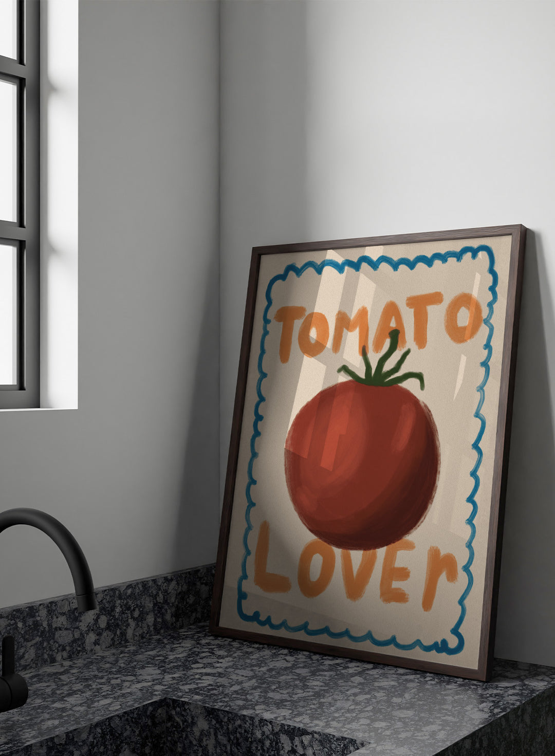 An art print featuring a painted red tomato with a green stem, surrounded by a scalloped blue border on a cream background. The words &
