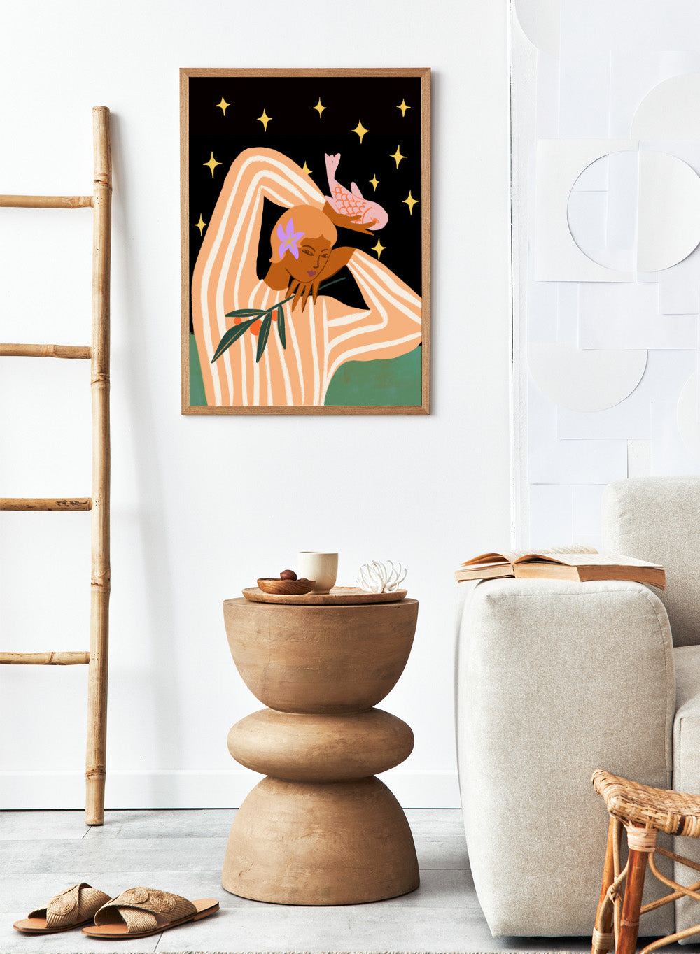 Illustration of a woman with flowers in her hair against a starry night sky. Balance by Arty Guava is a modern surreal woman art print with stars, stripes, and a pink fish. Officially licensed contemporary wall poster.