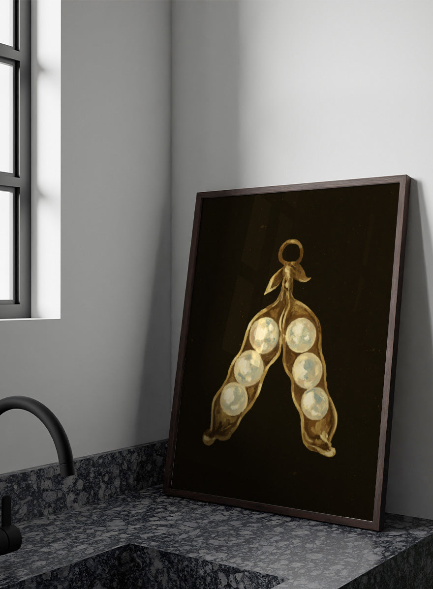 Shop Golden Pea Pod Pearls Ornament by NKTN, a whimsical Christmas wall art print poster featuring golden pea pods, pearl-like peas, and vintage ornament style.