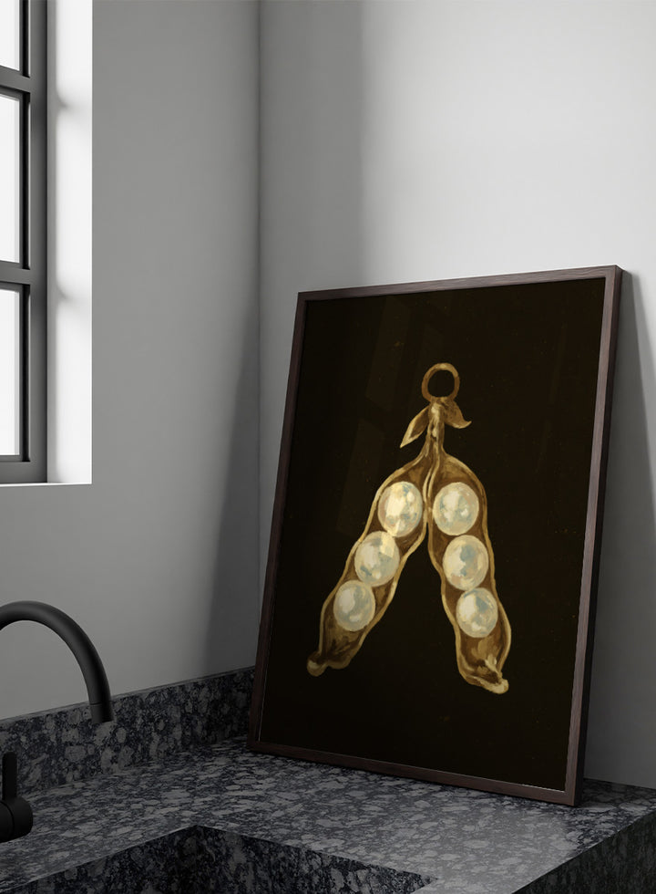 Shop Golden Pea Pod Pearls Ornament by NKTN, a whimsical Christmas wall art print poster featuring golden pea pods, pearl-like peas, and vintage ornament style.