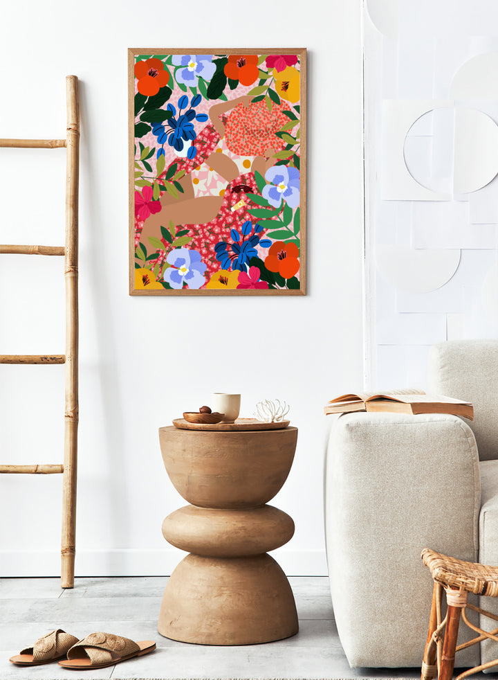 Colorful floral pattern with abstract shapes on a pink background. Sleeping Under the Sun by Rafaela Mascaro is a vibrant floral art print filled with bold colors, botanical details, decorative patterns, and summer warmth.