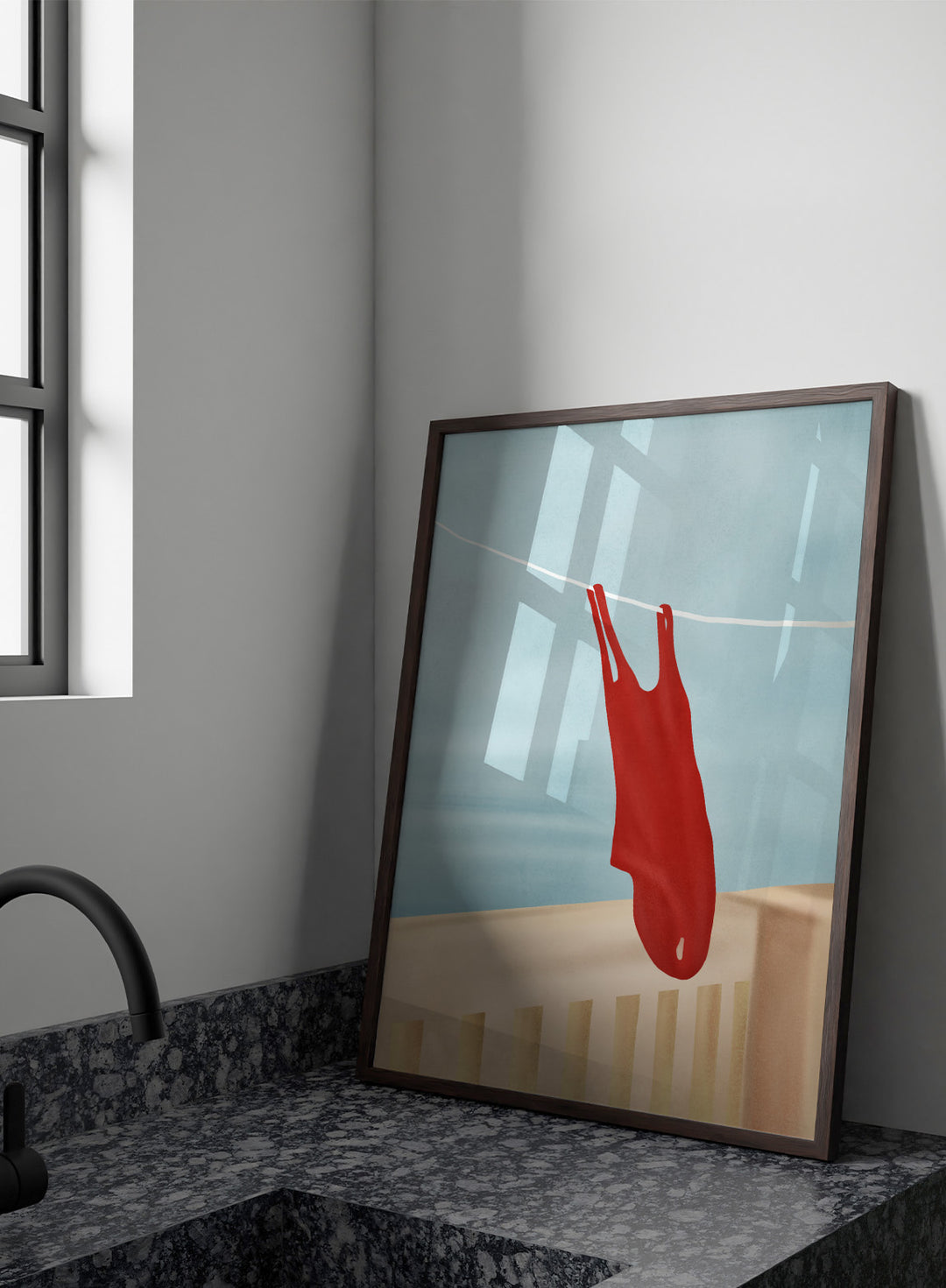 Red swimsuit hanging on a clothesline against a blue sky. Red Swimsuit On Balcony by Flow Line features a red swimsuit drying in the sun, bringing Mediterranean charm and summer vacation style to your walls.