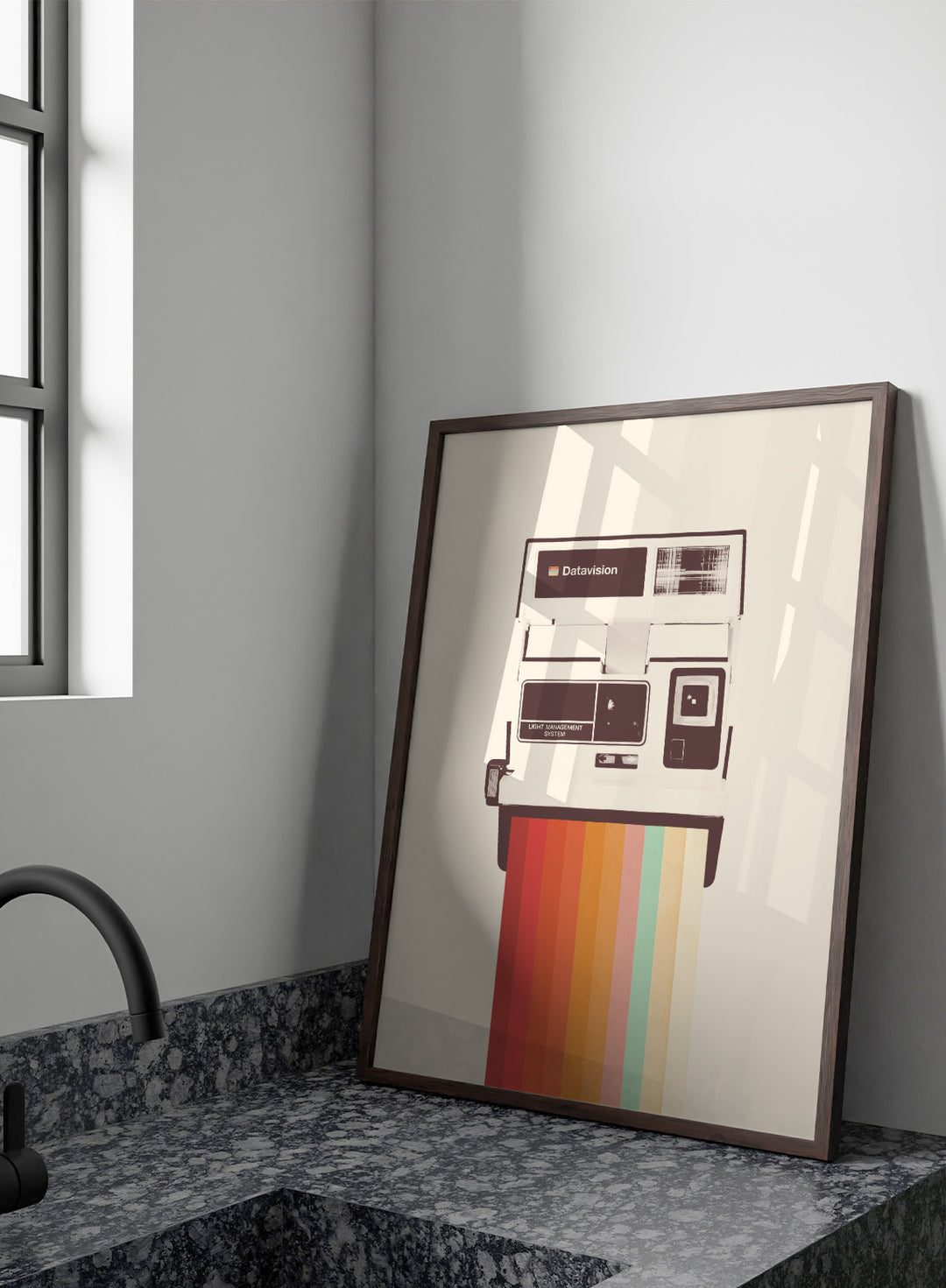 Retro Instant Rainbow by Florent Bodart is a vintage camera art print with bold rainbow color, a modern retro wall poster inspired by instant photography design.