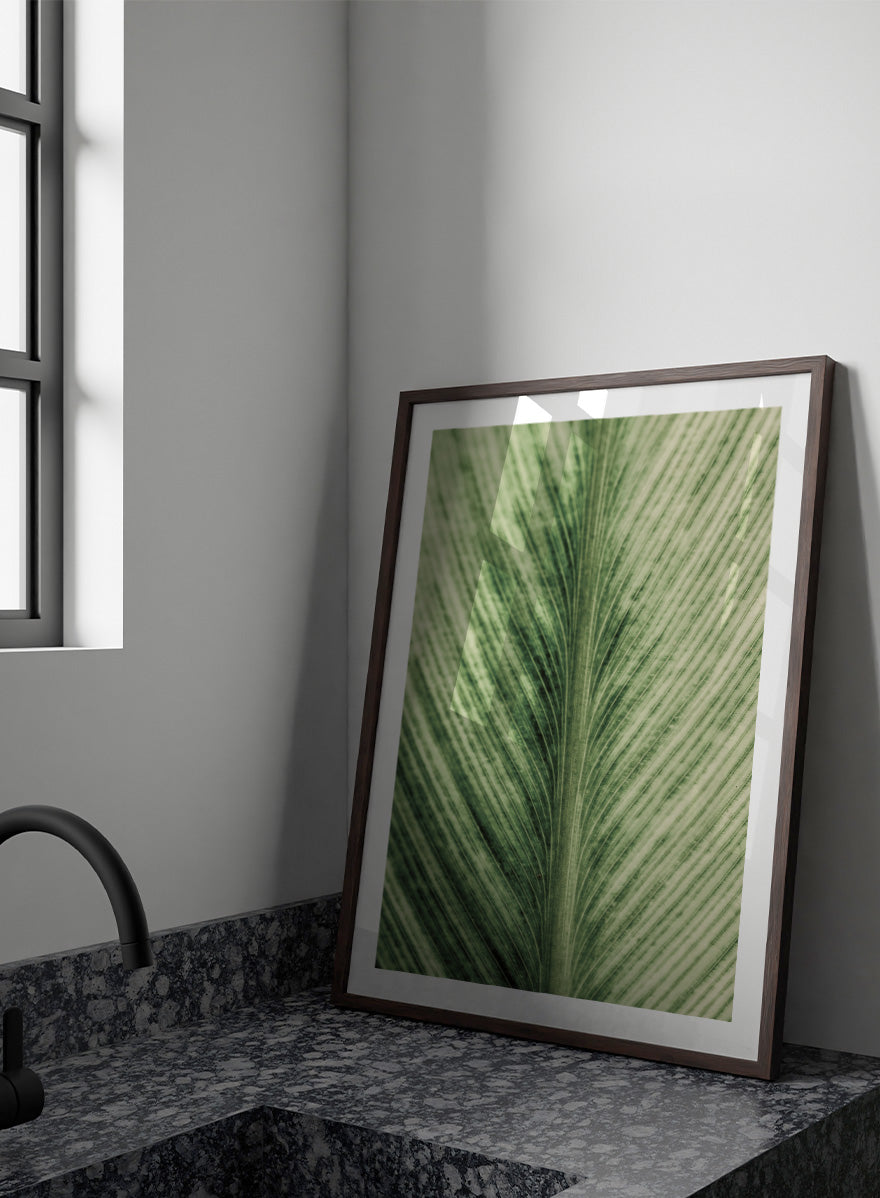 A framed botanical art print featuring a close-up photograph of a green leaf with prominent veins. Verdant Veins by Shot by Clint botanical photography print featuring detailed green leaf veins, natural texture, and layered organic pattern.