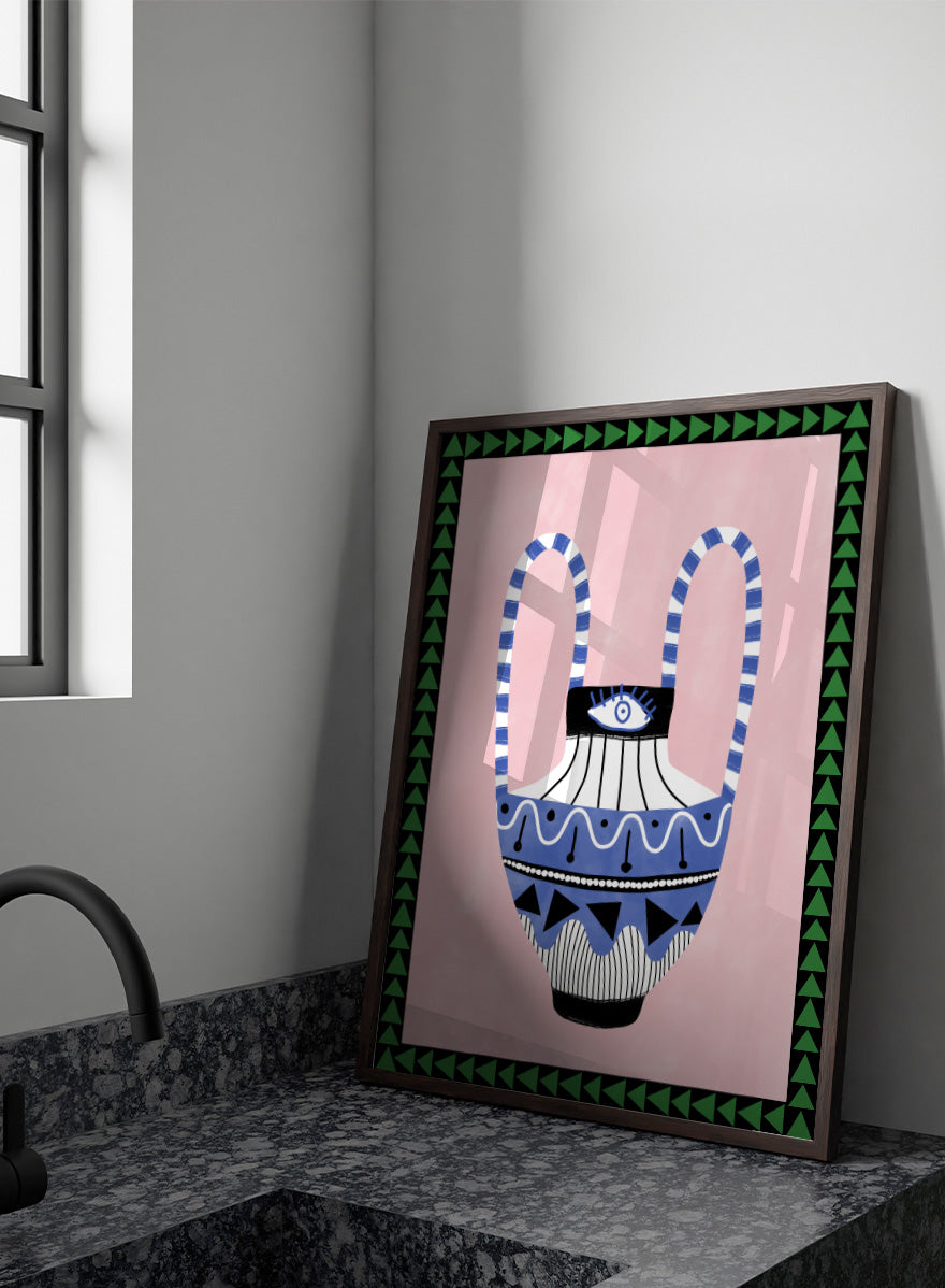 Shop Folk Art Eye Vase by Elena Ristova, a colorful folk-inspired wall art print poster featuring an eye motif, patterned vase, pink background, and green border.